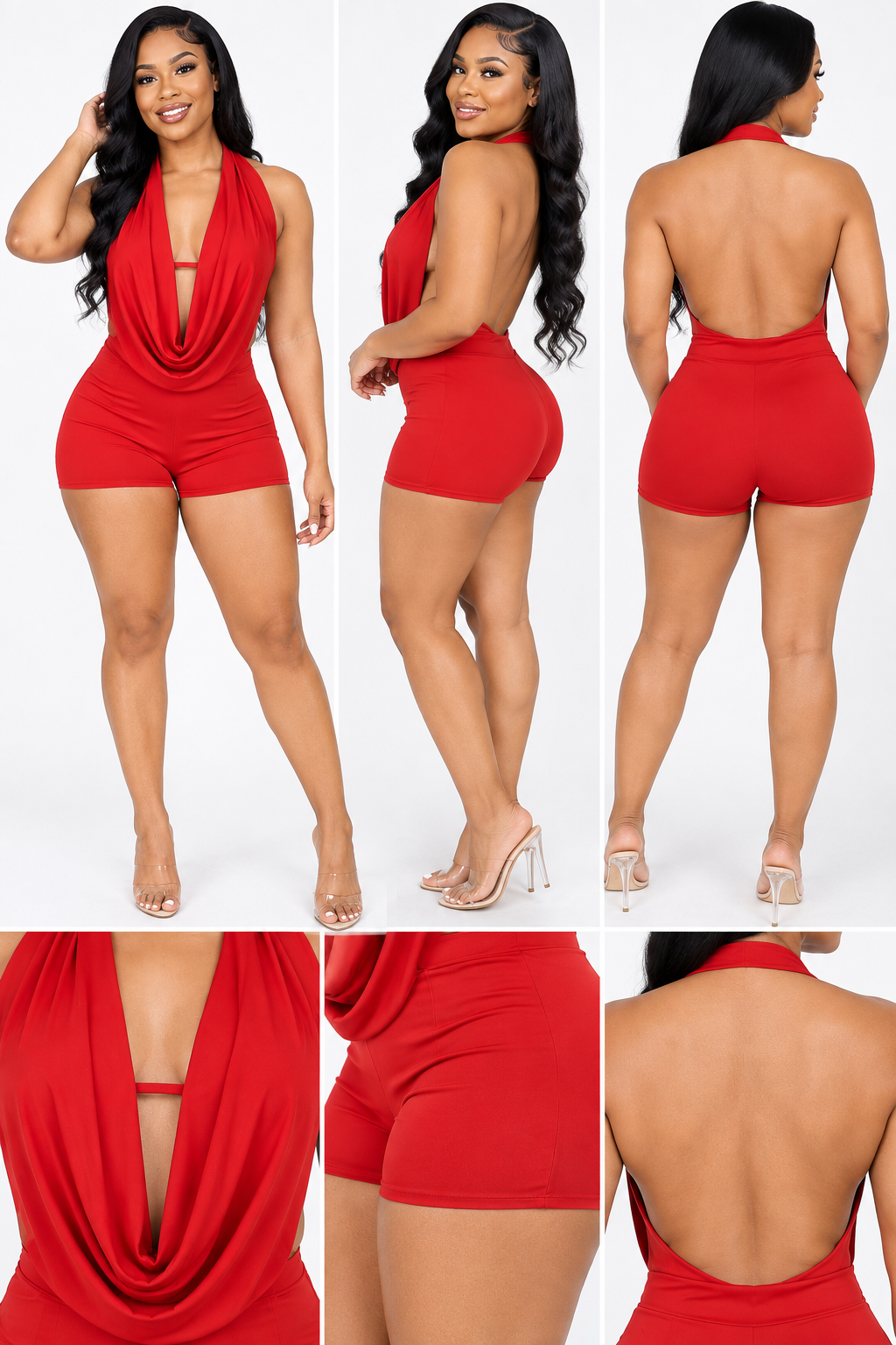 Red Cowl Neck Open Back Halter Romper