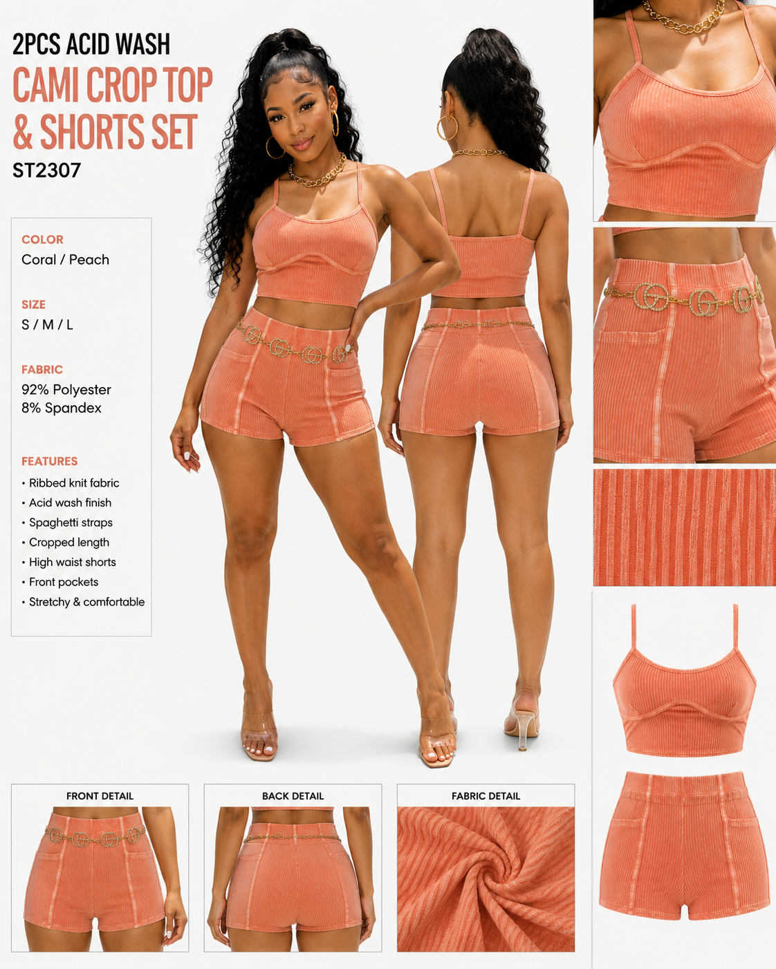 Acid Wash Ribbed Cami Crop Top & Shorts 2 Piece Set