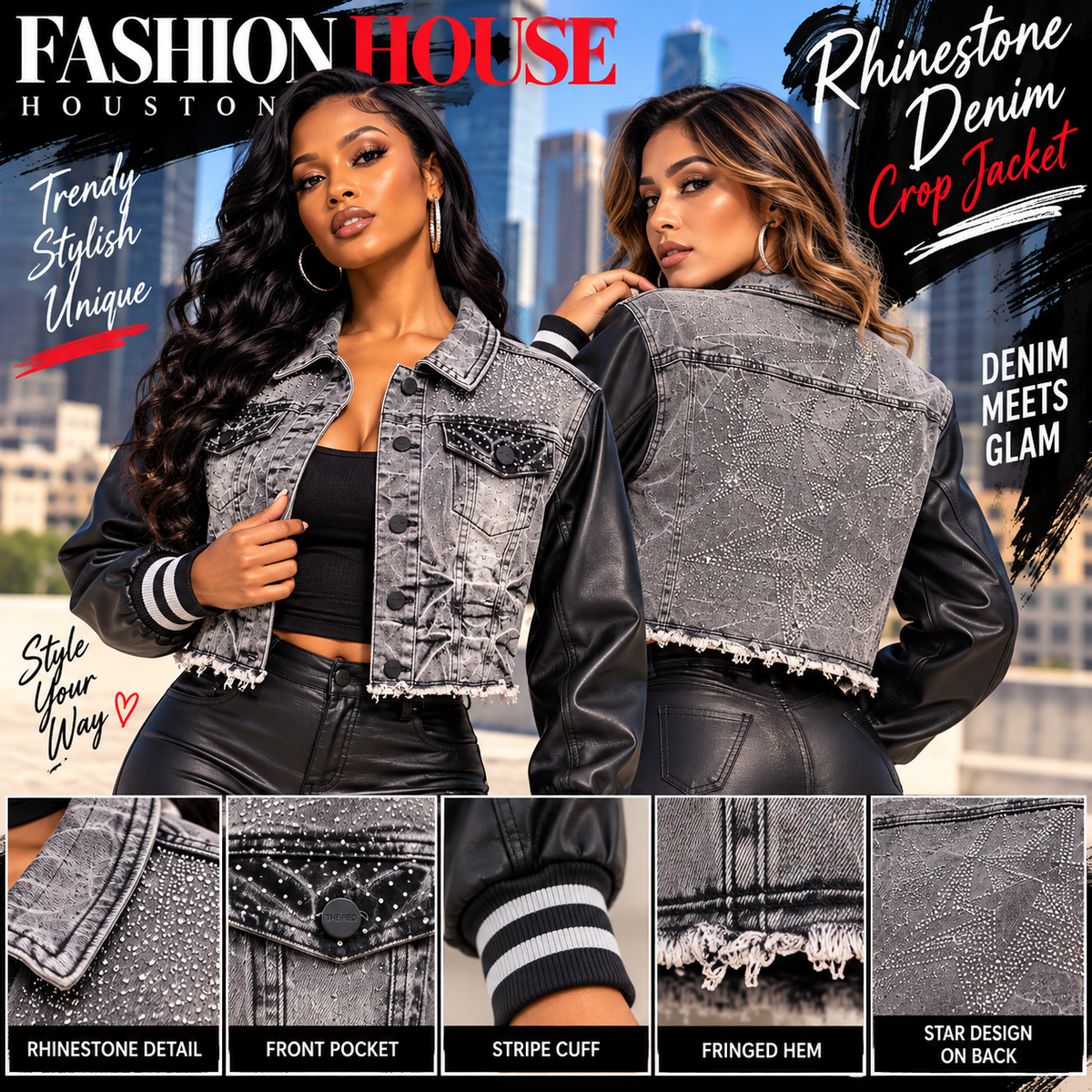 Gray Rhinestone Star Acid Wash Denim Crop Jacket with Faux Leather Sleeves