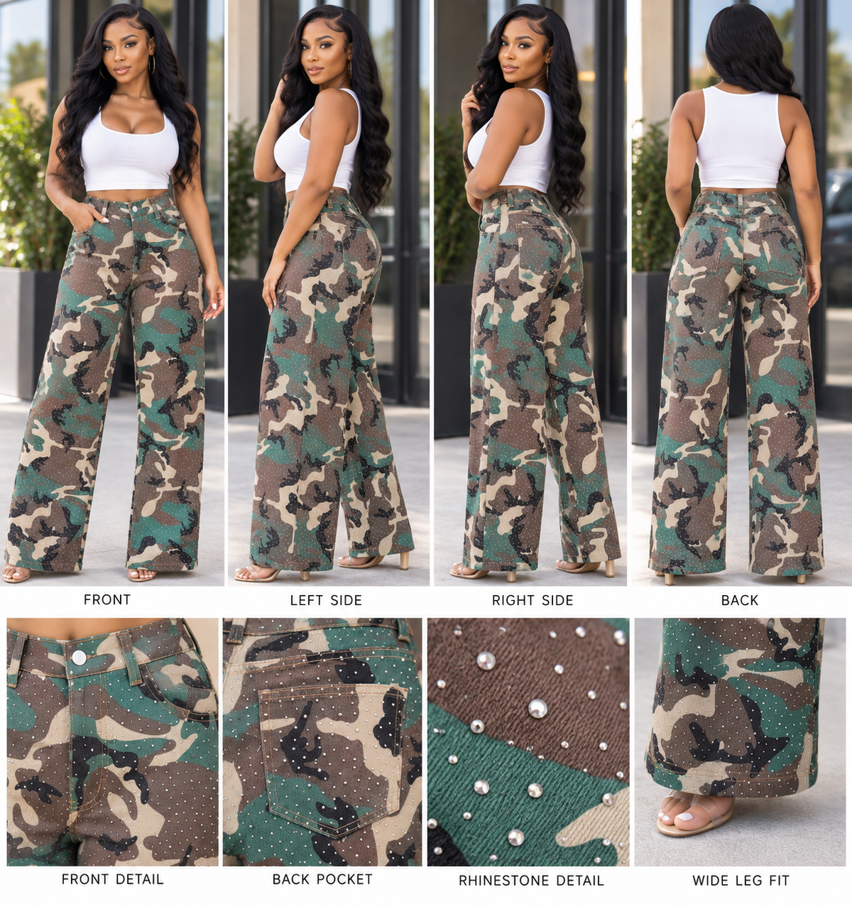 Camo Rhinestone Wide Leg Denim Pants