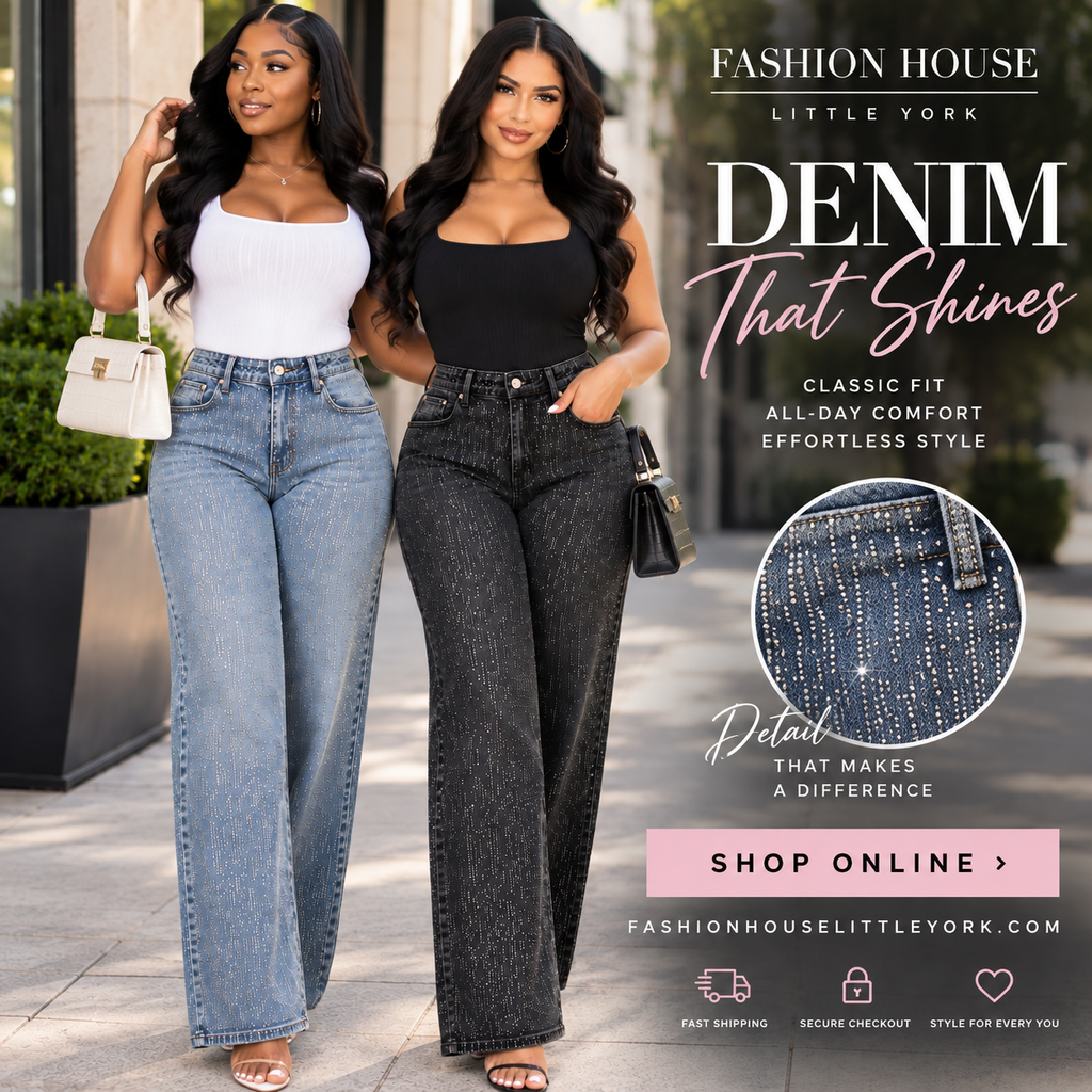 Rhinestone High-Waist Wide-Leg Denim Pants
