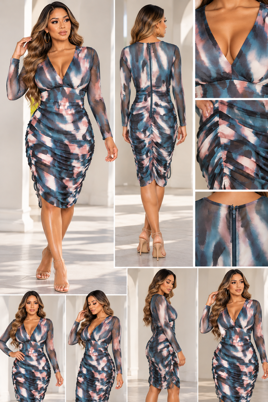 Women's Abstract Print Long Sleeve Mesh Ruched Dress