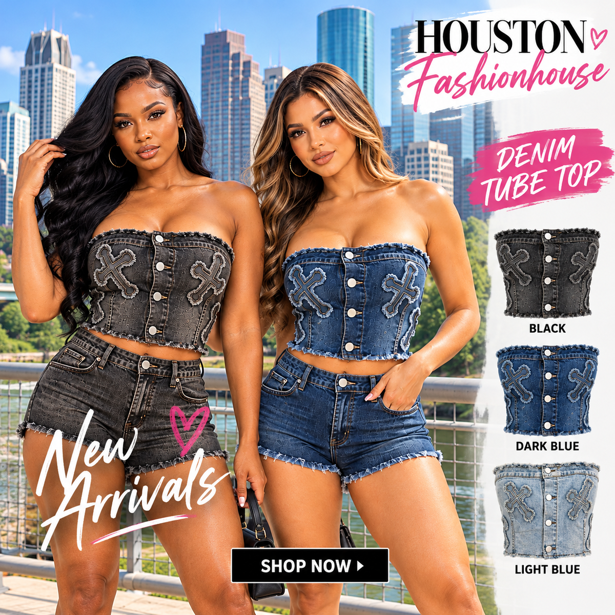 Cross Patch Distressed Denim Tube Top – 3 Colors
