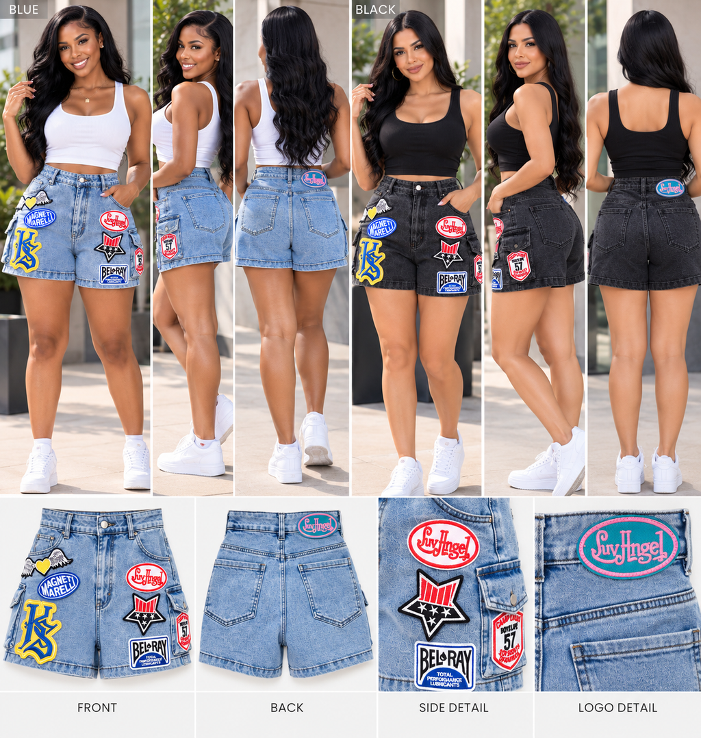 Multi Patch Acid Wash Cargo Denim Shorts