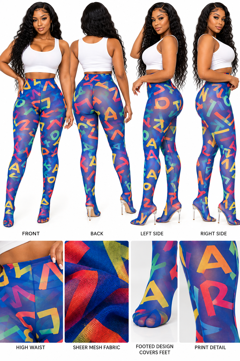 Alphabet Print Mesh High Waist Footed Leggings