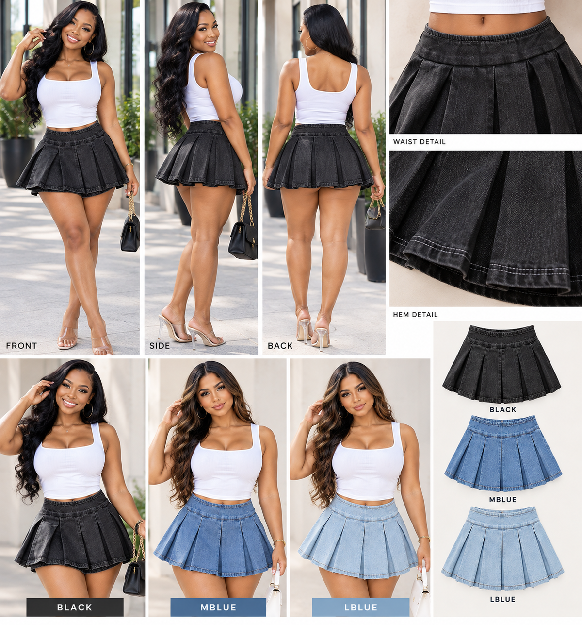 Pleated Denim Mini Skirt