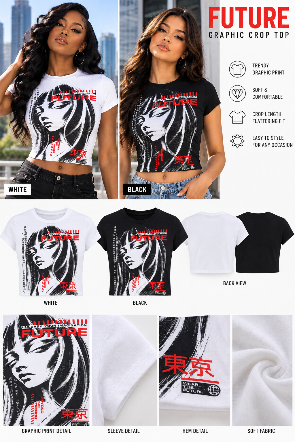 Tokyo Future Anime Graphic Crop Top – Black & White