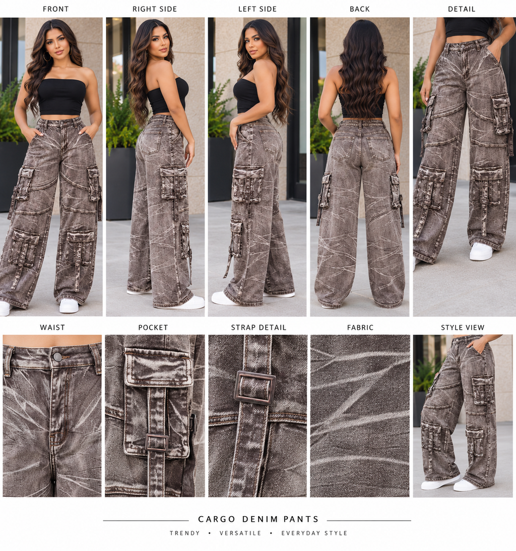 Acid Wash Cargo High Waist Wide Leg Denim Pants