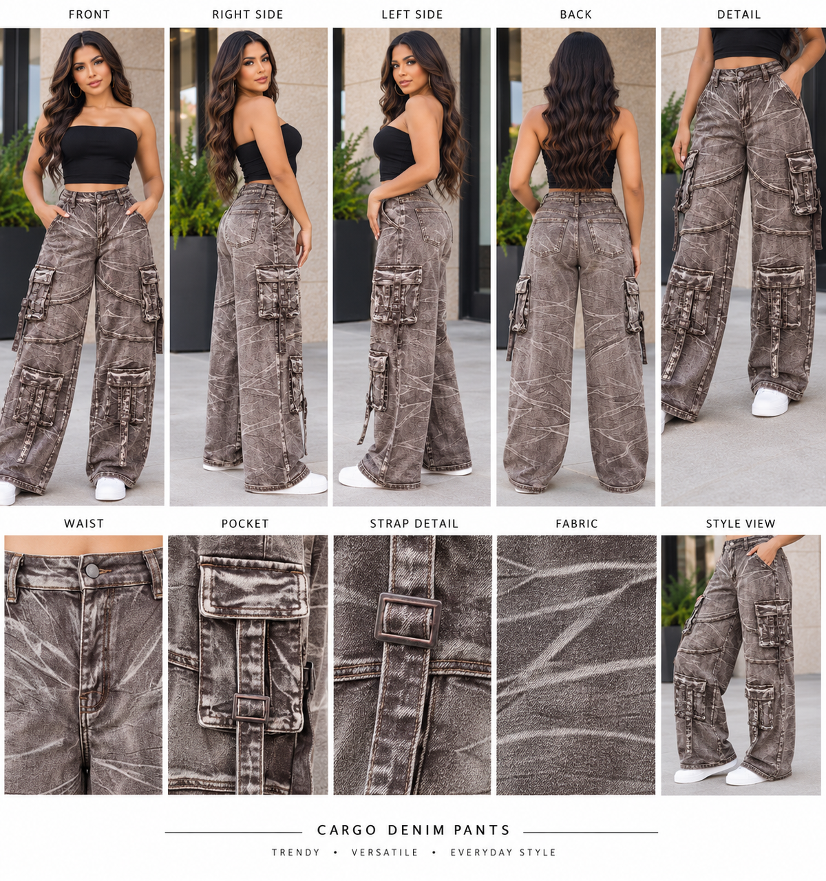 Acid Wash Cargo High Waist Wide Leg Denim Pants