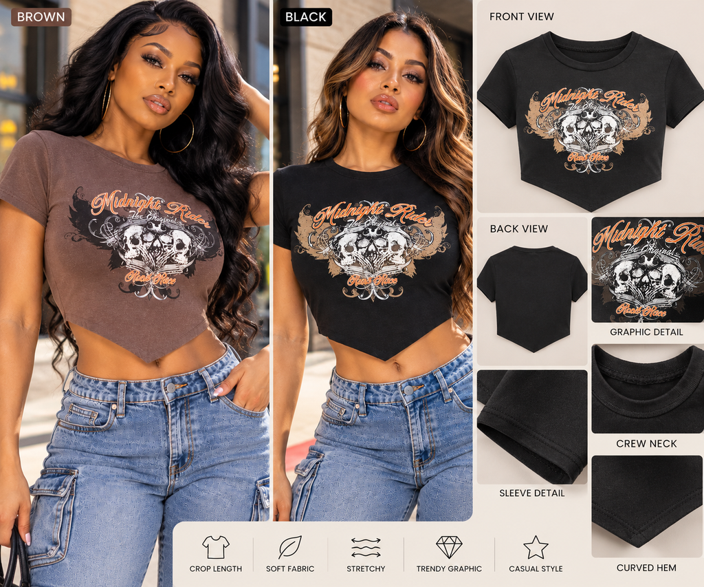 Midnight Rider Skull Graphic Pointed Hem Crop Tee
