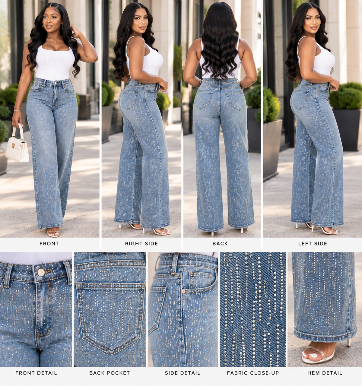Rhinestone High-Waist Wide-Leg Denim Pants