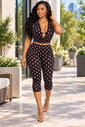 Polka Dot Halter Crop Top & Capri Legging 2-Piece Set – Black/Pink