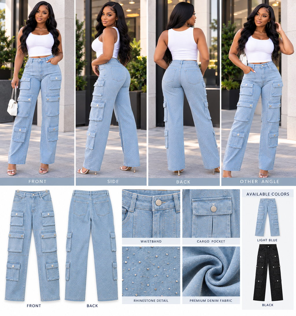 Rhinestone Multi-Pocket High Waist Cargo Jeans