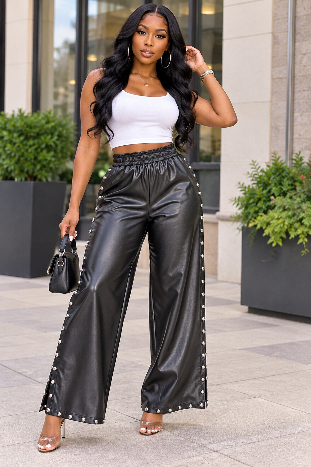 Black Faux Leather Stud Trim Wide-Leg Pants