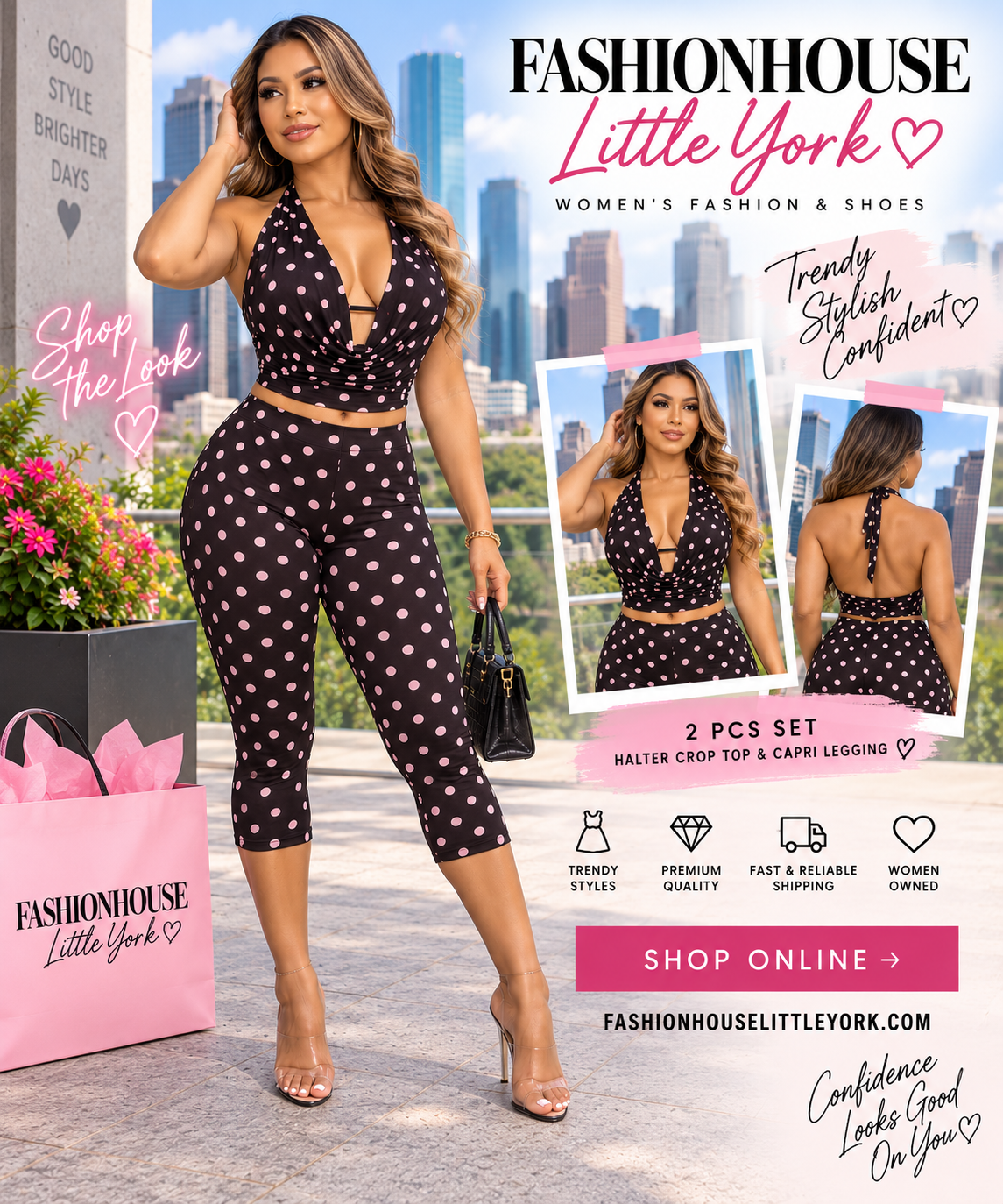 Polka Dot Halter Crop Top & Capri Legging 2-Piece Set – Black/Pink