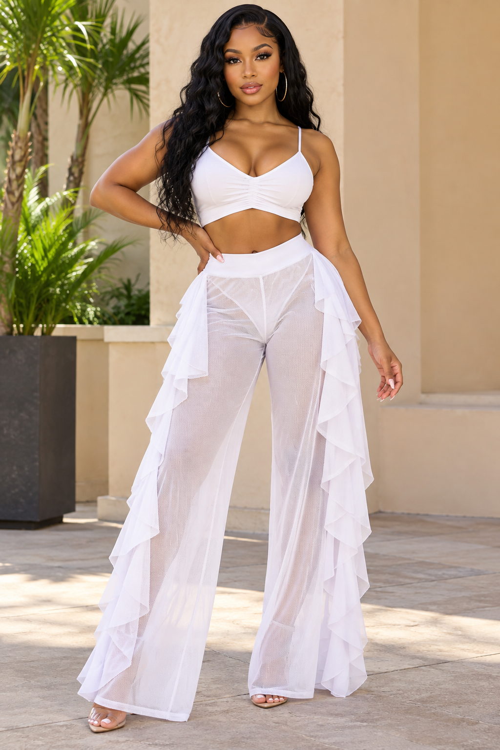 Ruffle Mesh High Waist Long Pants – White