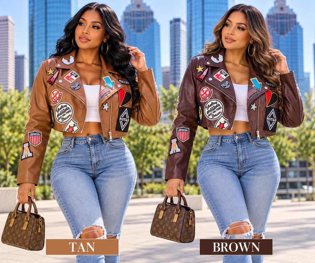 Women's Patchwork Faux Leather Cropped Moto Jacket – Tan & Brown