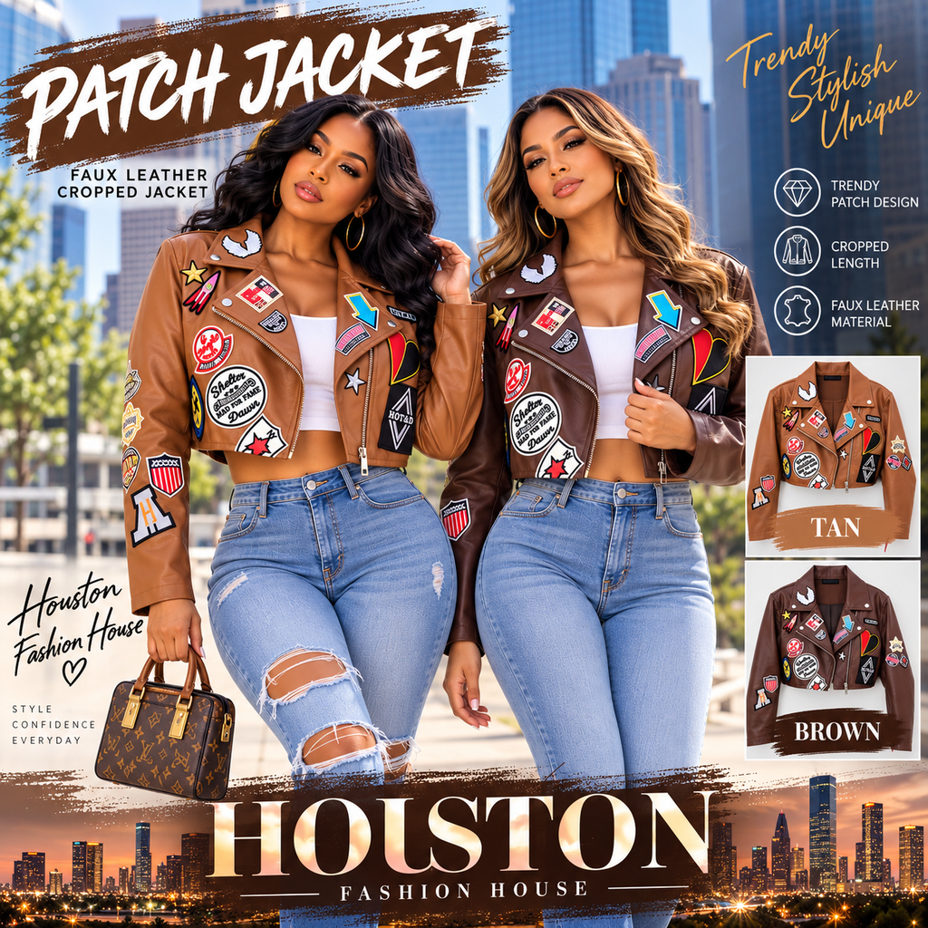 Women's Patchwork Faux Leather Cropped Moto Jacket – Tan & Brown
