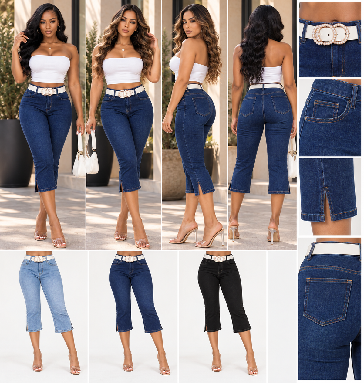 High Waist Denim Capri Pants