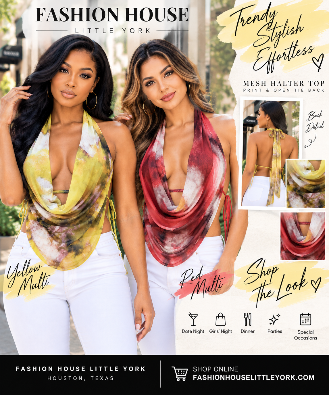 Printed Mesh Cowl Neck Halter Top