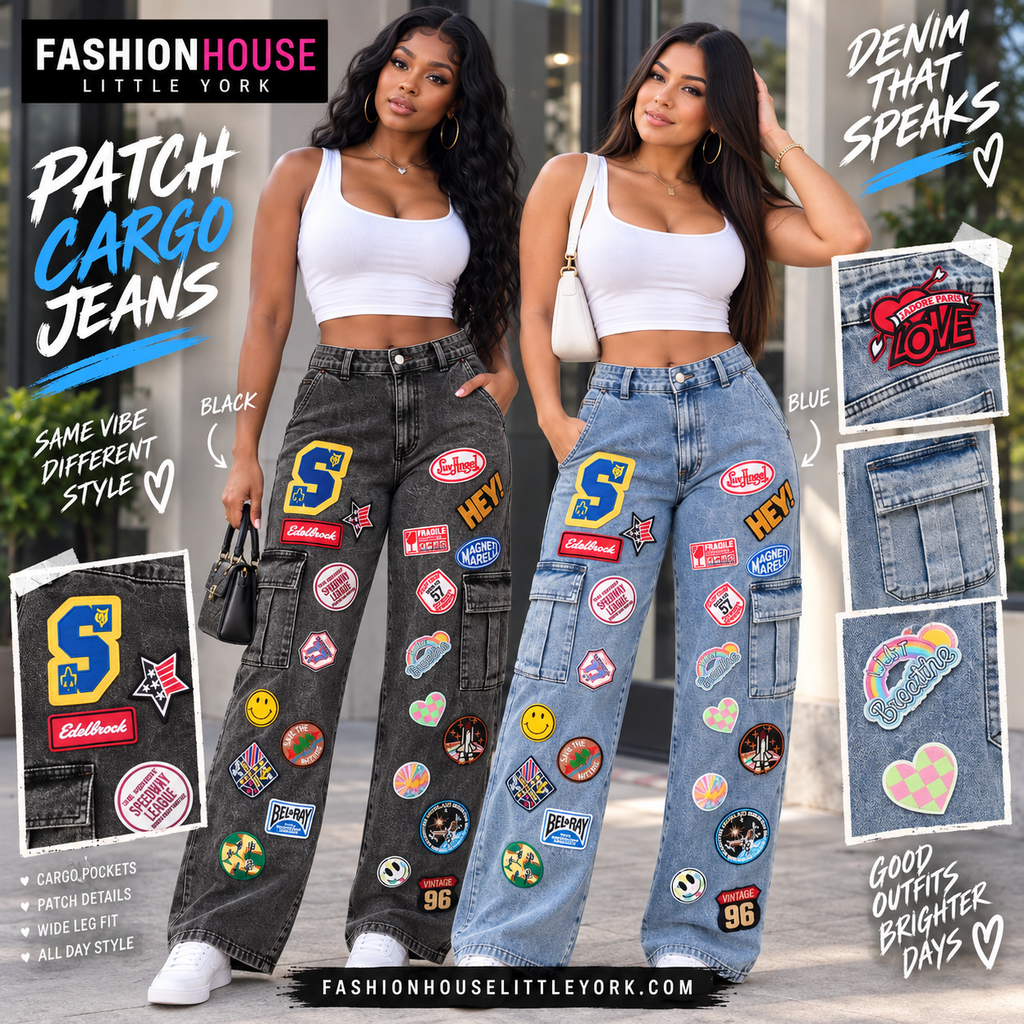 Patch Detail Wide Leg Cargo Jeans
