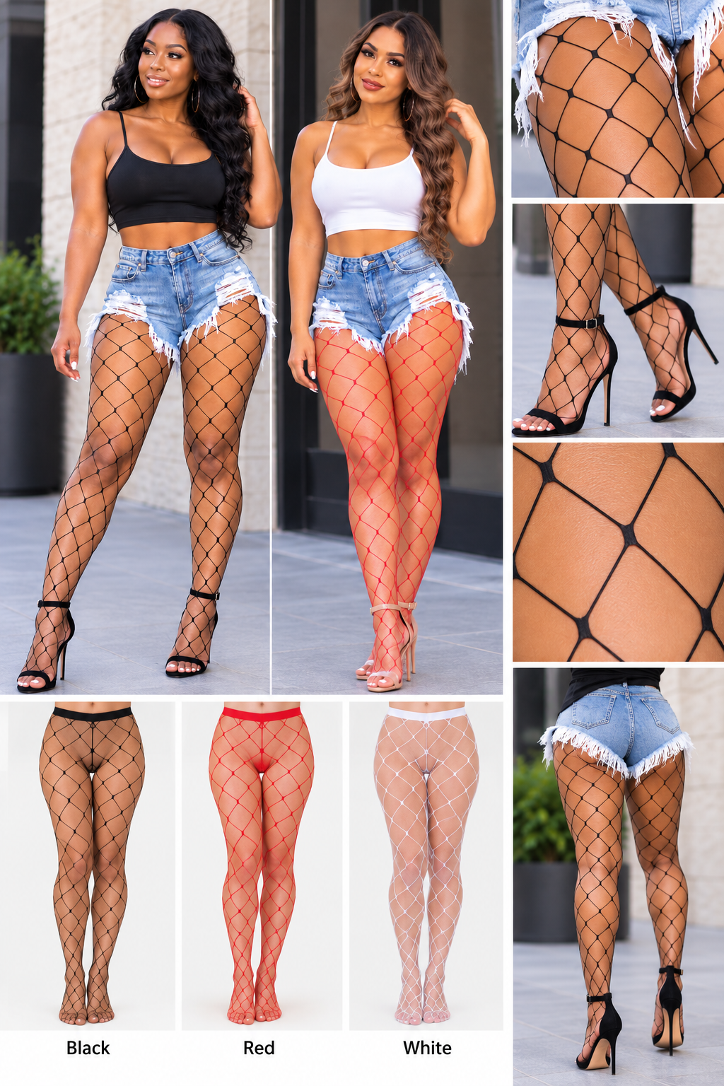 Women's Large Diamond Fishnet Tights – Black, Red & White | One Size