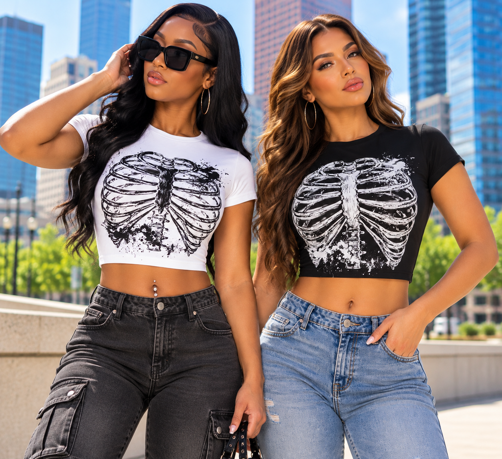 Women's Rib Cage Graphic Crop Top – Skeleton Print Baby Tee