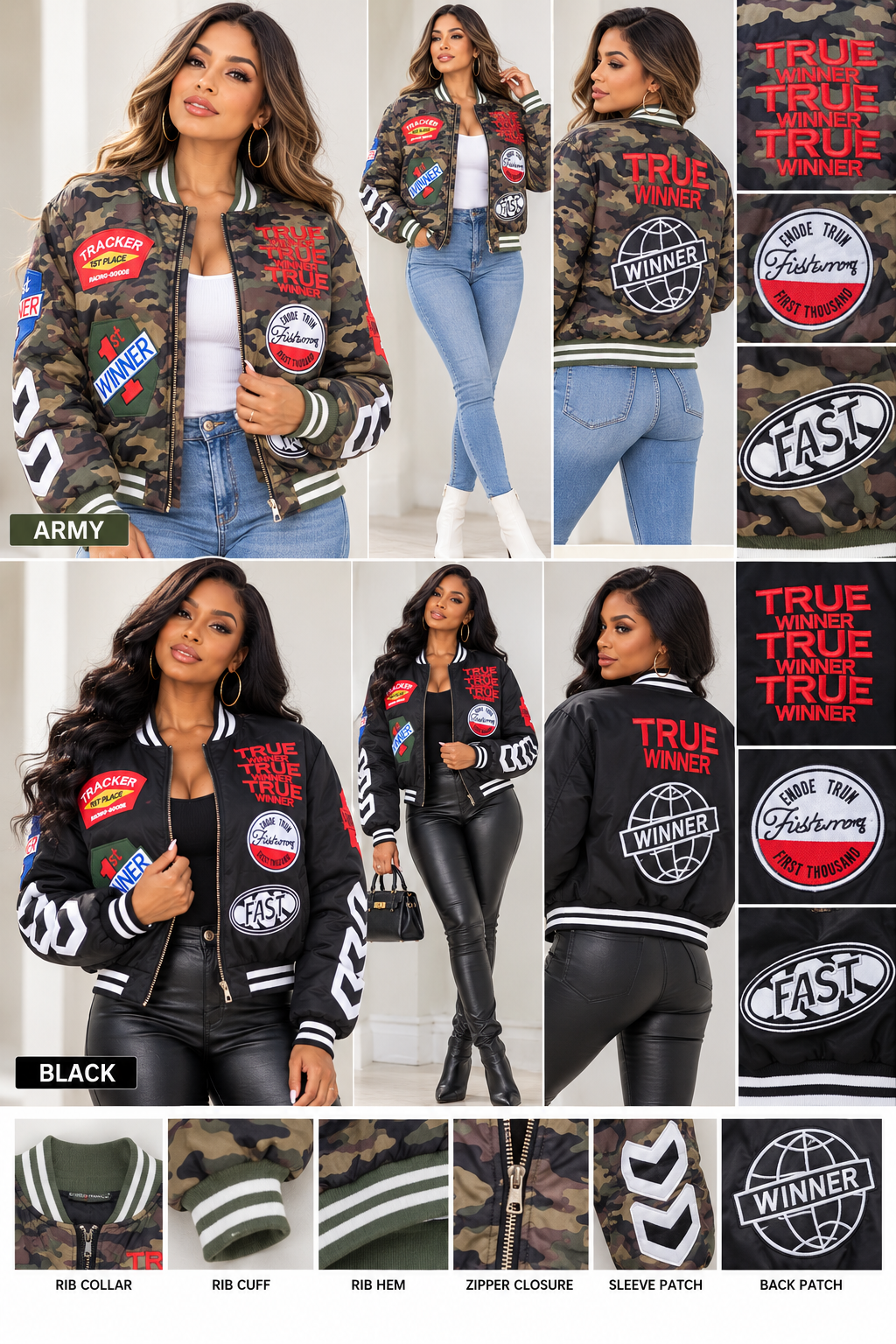 Women's Multi-Patch Padded Bomber Jacket – Army / Black
