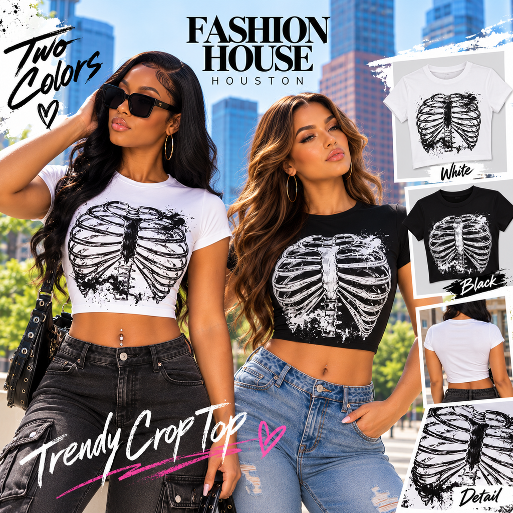 Women's Rib Cage Graphic Crop Top – Skeleton Print Baby Tee