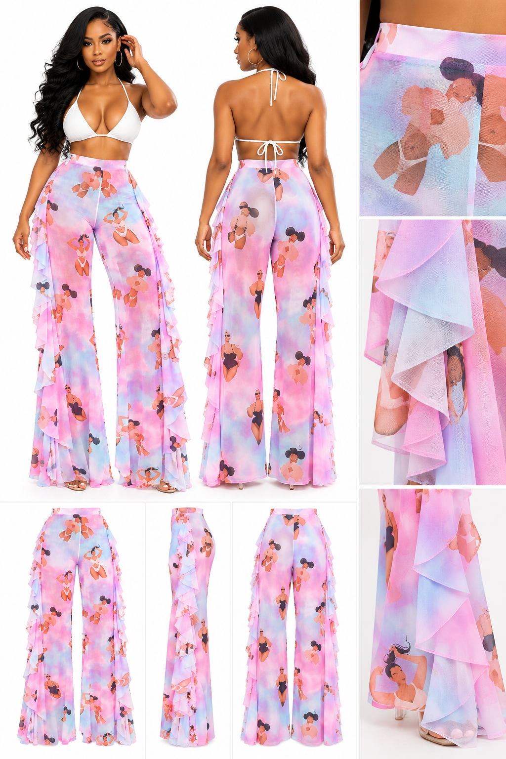 Pastel Lady Print Ruffle Mesh High Waist Pants