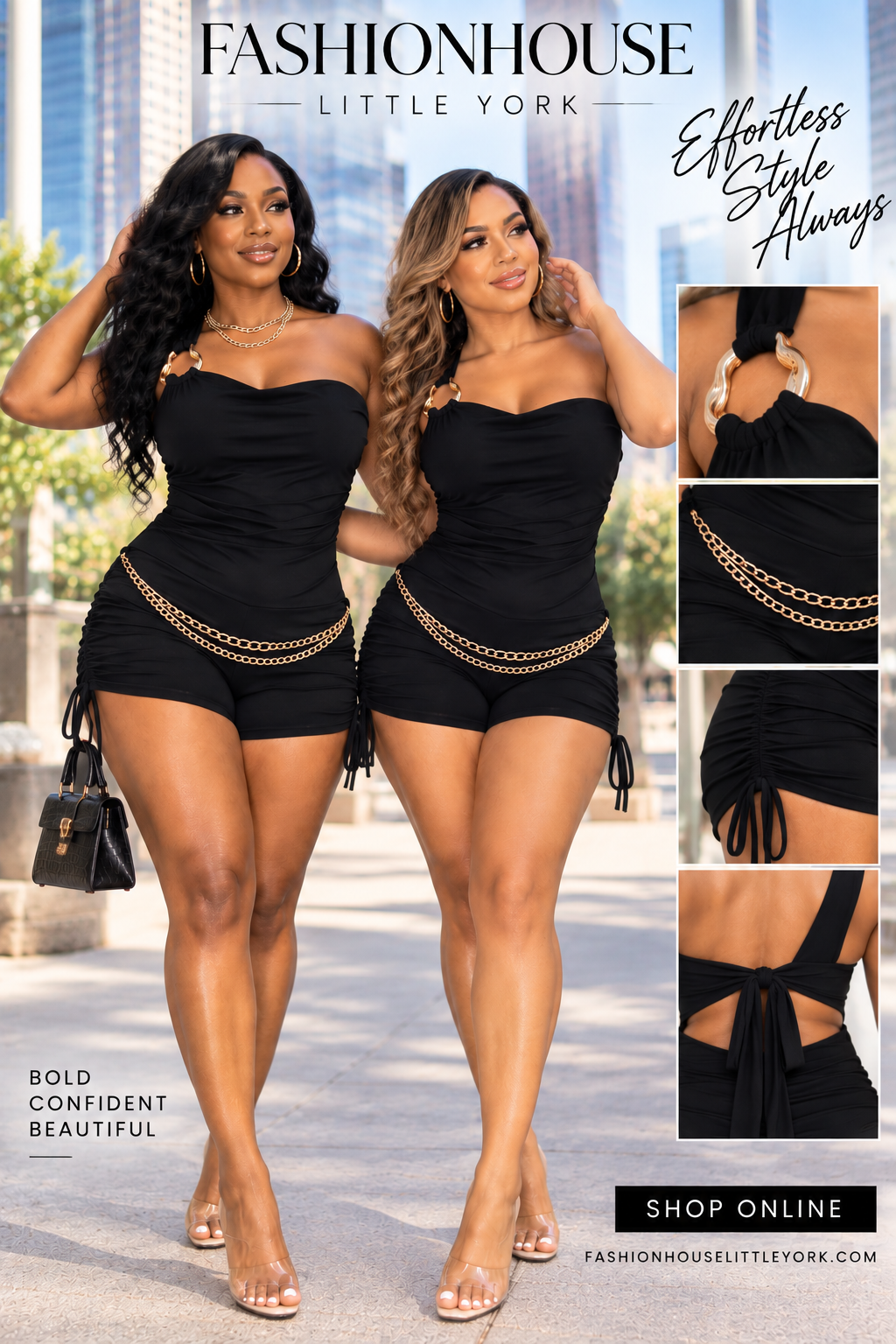 Black One-Shoulder Gold Chain Ruched Romper – SBR3545