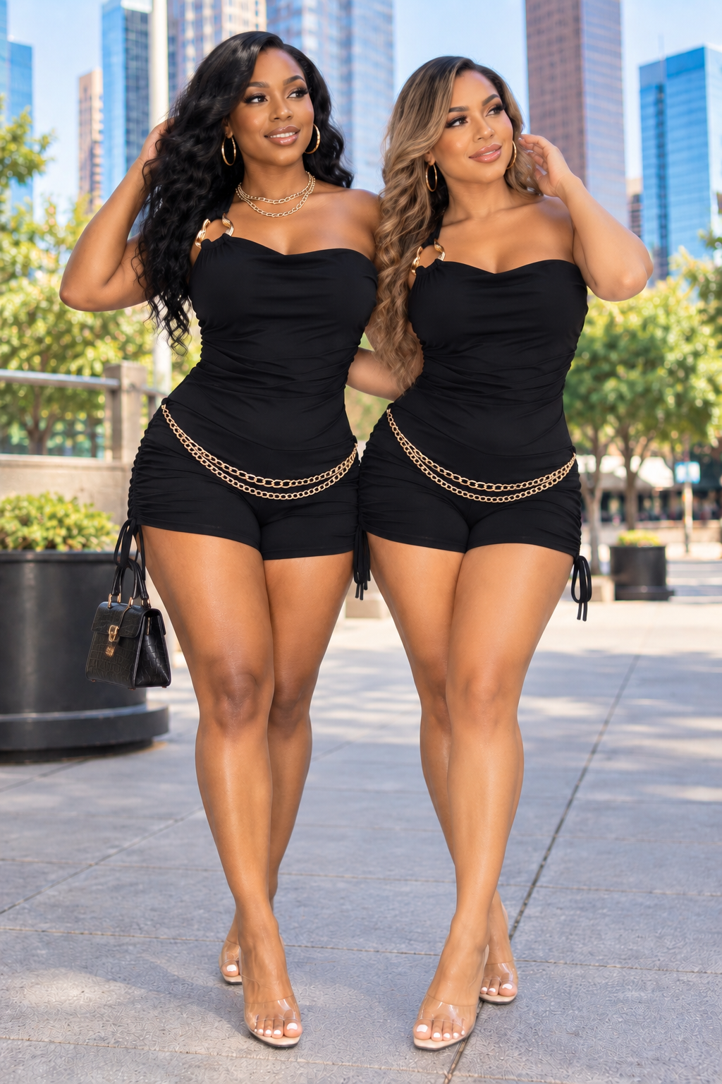 Black One-Shoulder Gold Chain Ruched Romper – SBR3545