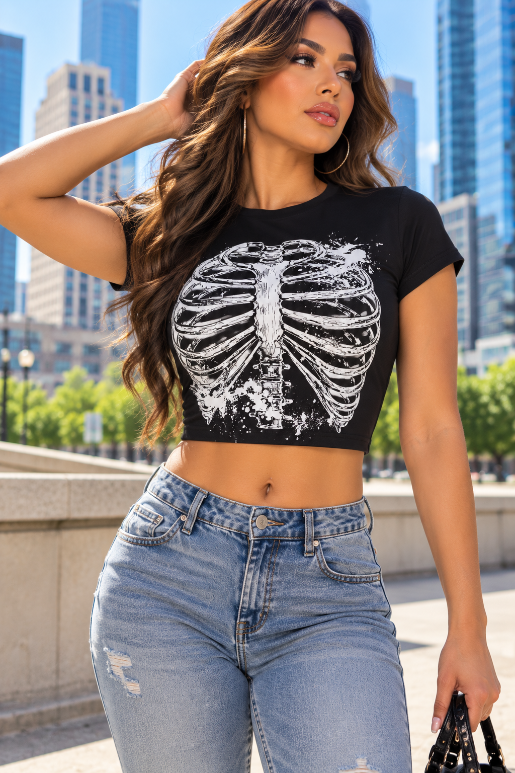 Women's Rib Cage Graphic Crop Top – Skeleton Print Baby Tee