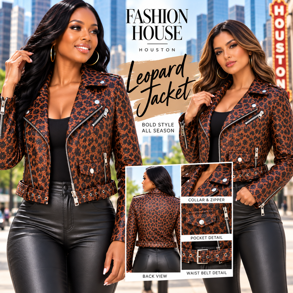 Women's Leopard Print Faux Leather Cropped Moto Jacket – Brown