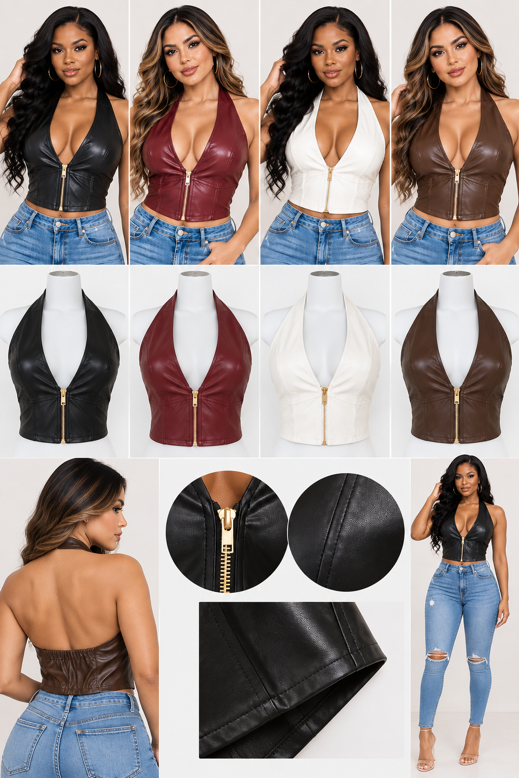 PU Leather Halter V-Neck Zipper Crop Top