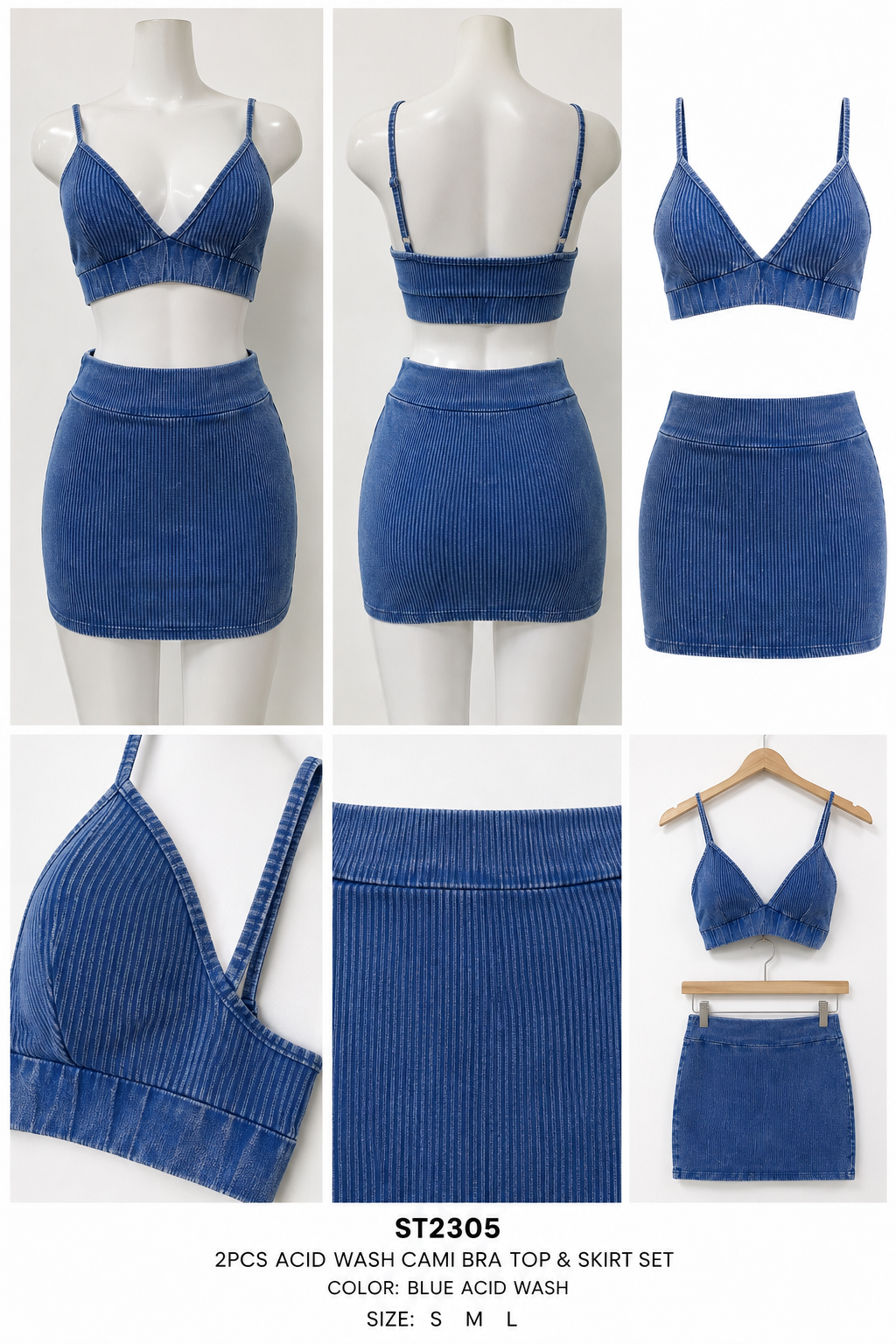 Blue Acid Wash Cami Top & Mini Skirt 2-Piece Set