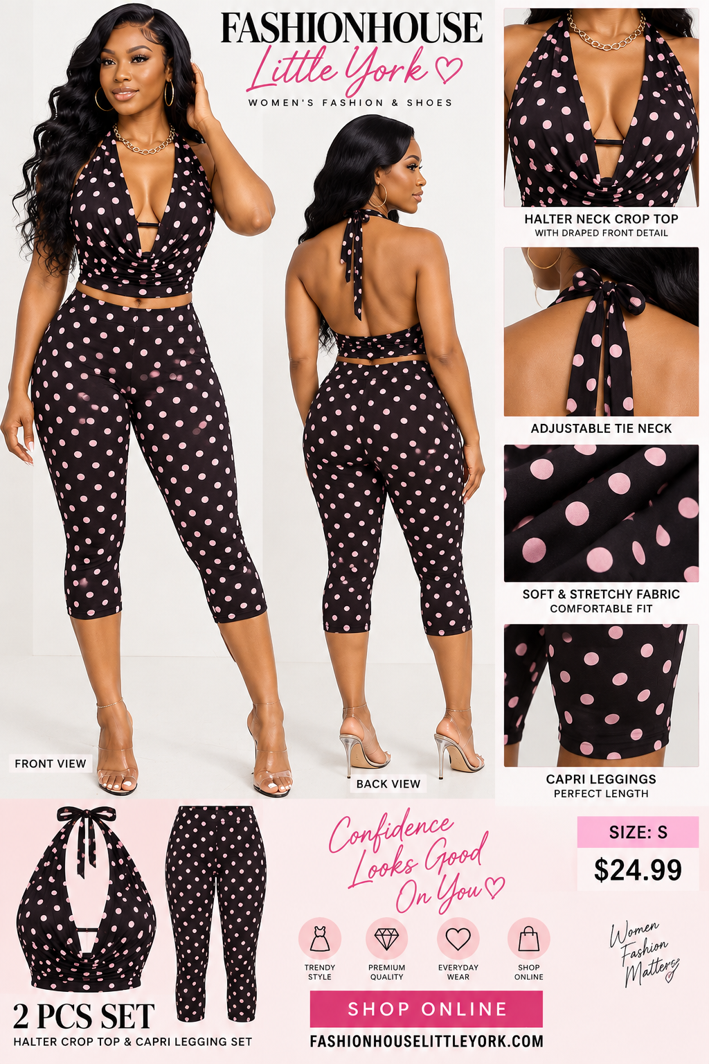Polka Dot Halter Crop Top & Capri Legging 2-Piece Set – Black/Pink
