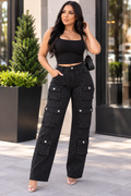 Rhinestone Multi-Pocket High Waist Cargo Jeans