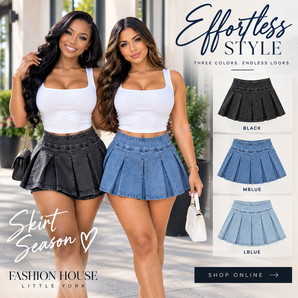 Pleated Denim Mini Skirt