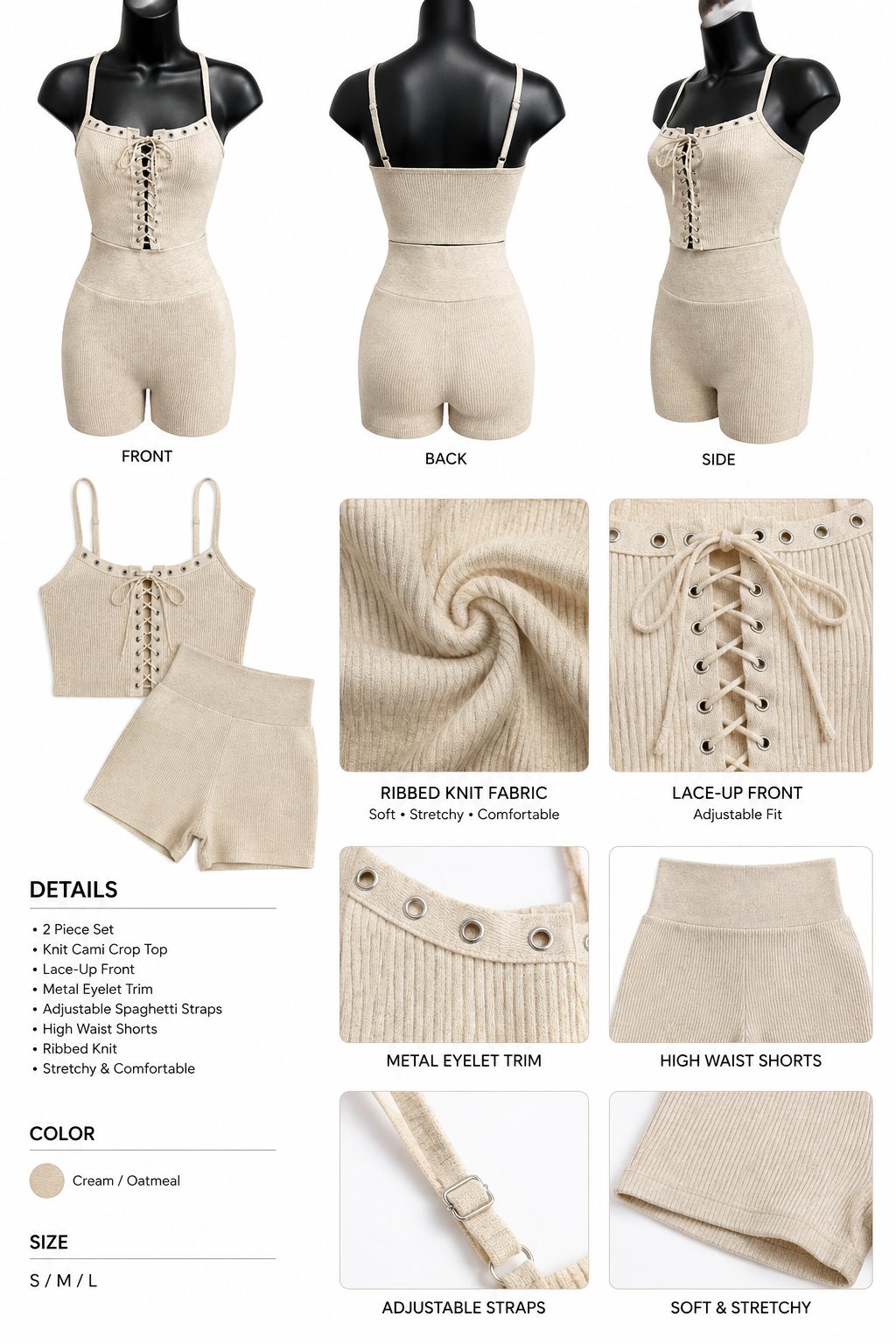 Lace-Up Ribbed Knit Cami Top & Shorts 2-Piece Set