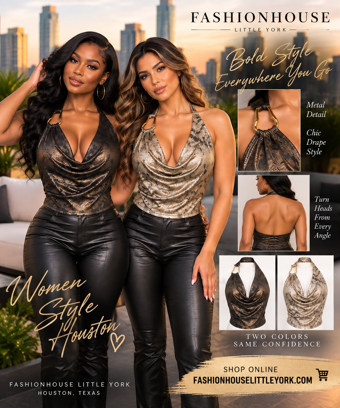 Metallic Foil Draped Halter Top with Metal Detail