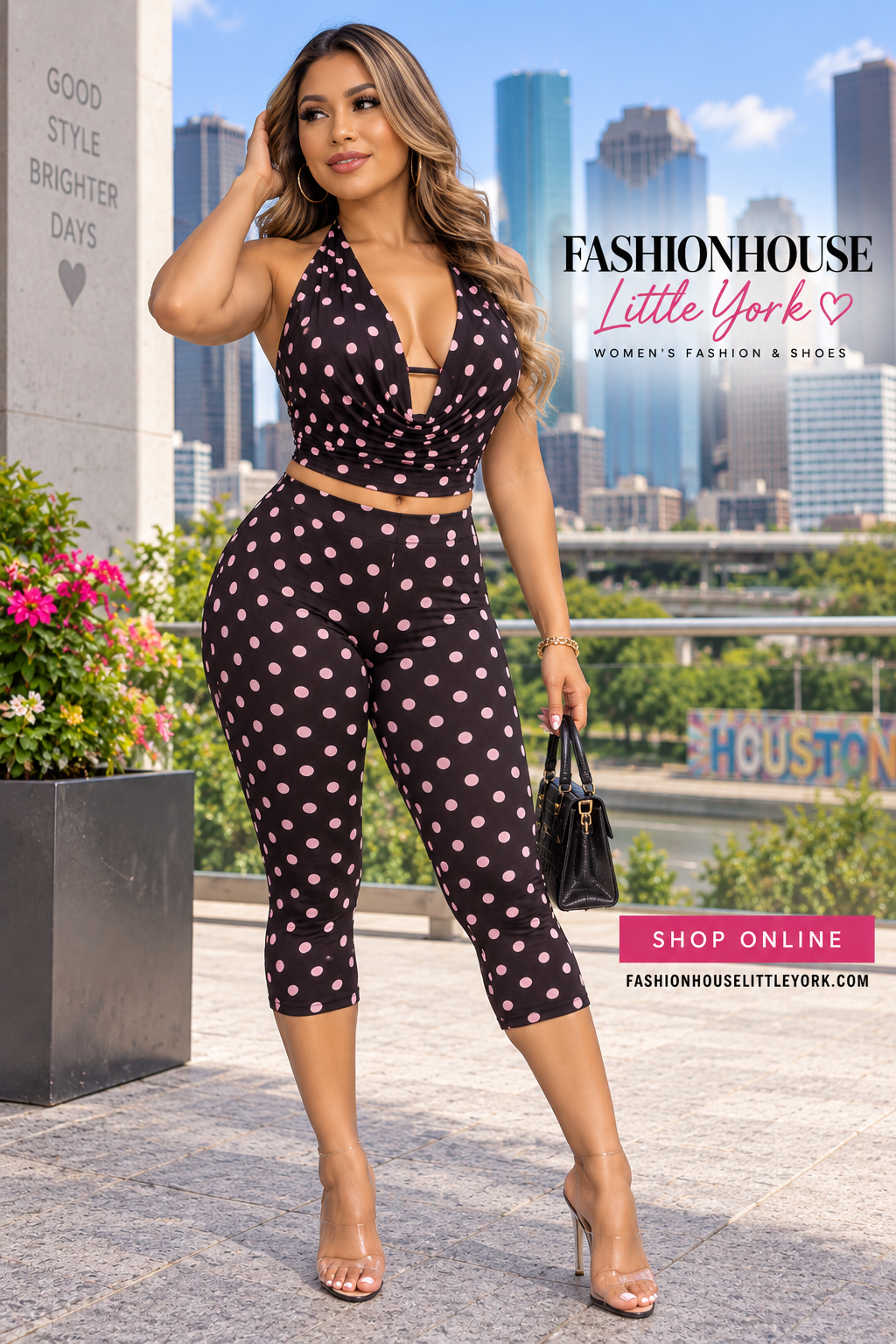 Polka Dot Halter Crop Top & Capri Legging 2-Piece Set – Black/Pink