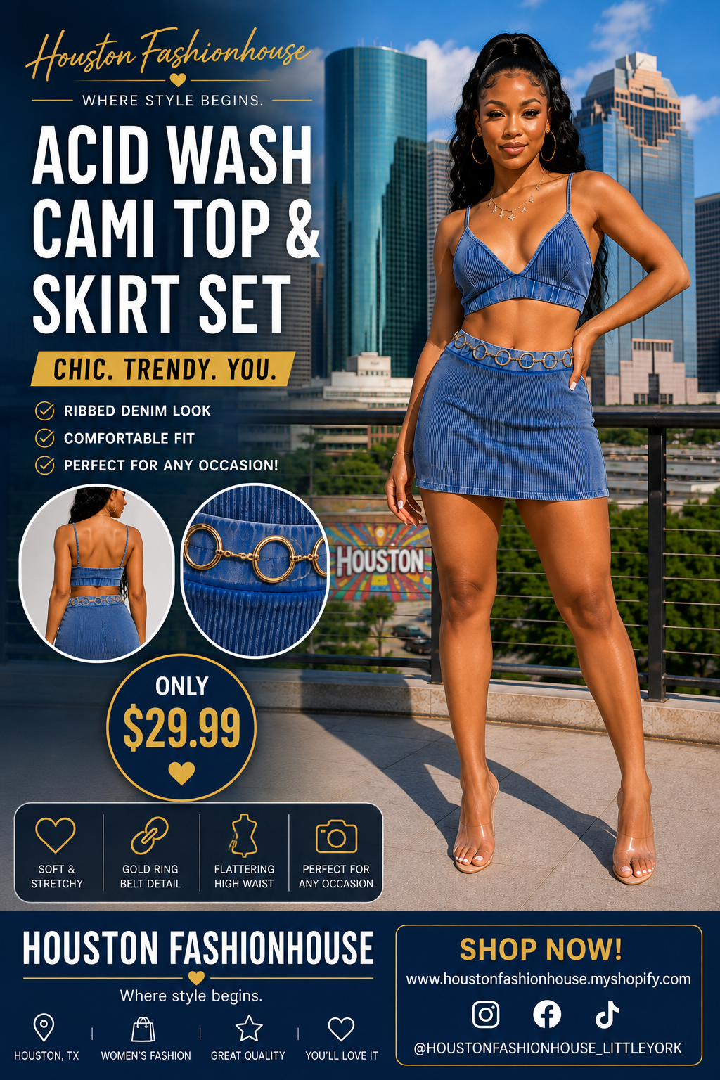Blue Acid Wash Cami Top & Mini Skirt 2-Piece Set