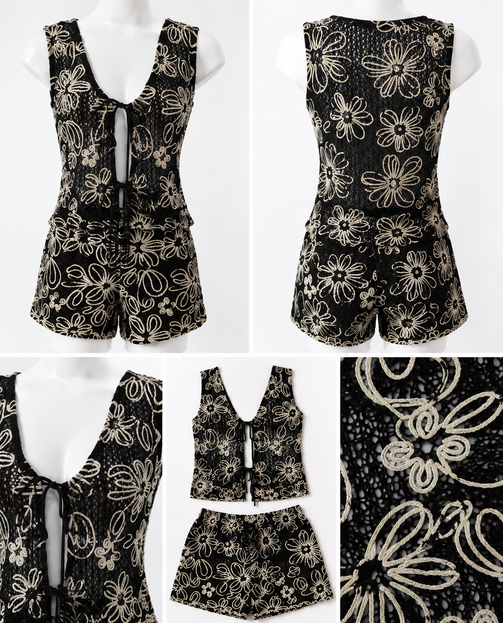 2PCS Fishnet Knit Floral Top & Shorts Set