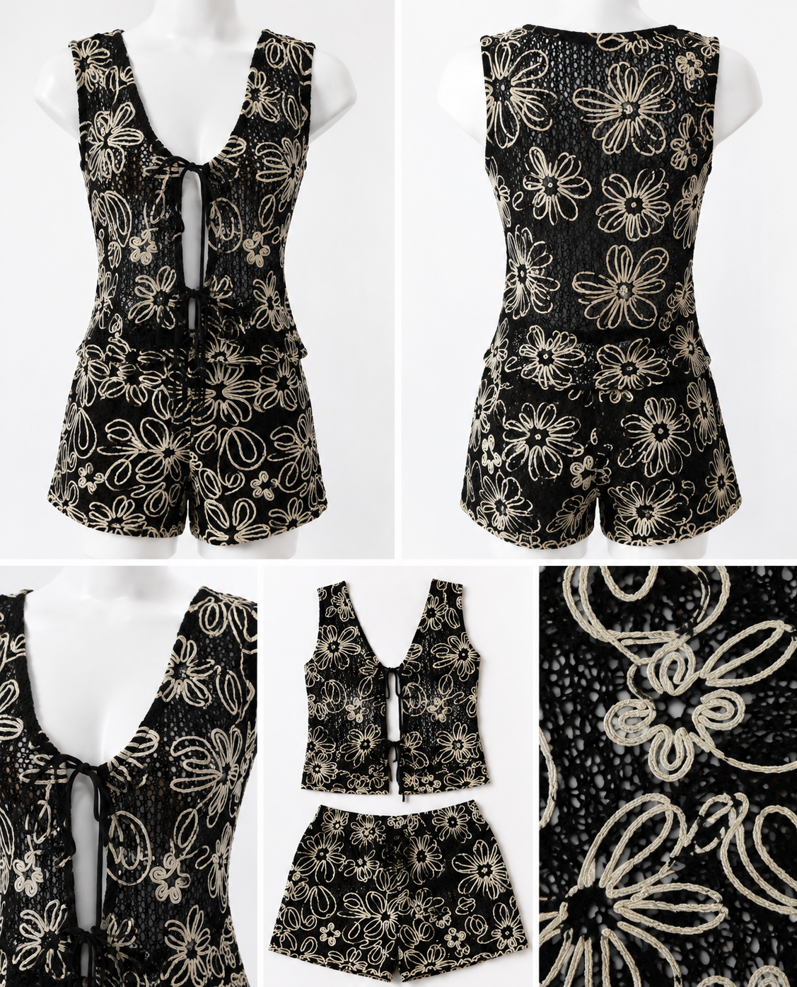 2PCS Fishnet Knit Floral Top & Shorts Set