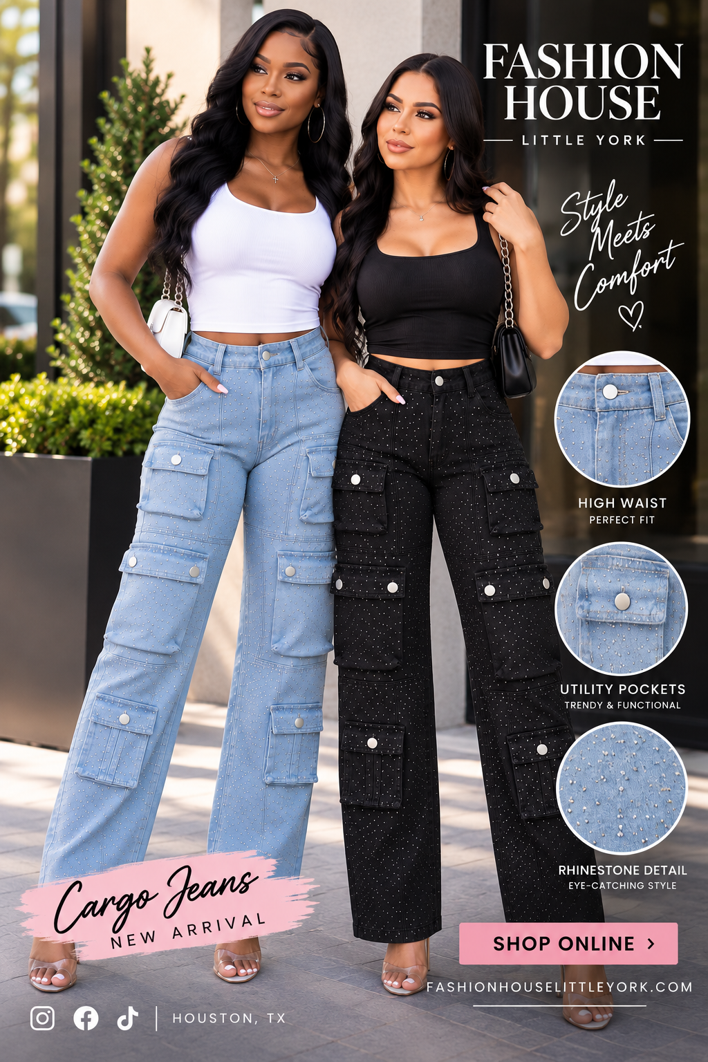 Rhinestone Multi-Pocket High Waist Cargo Jeans