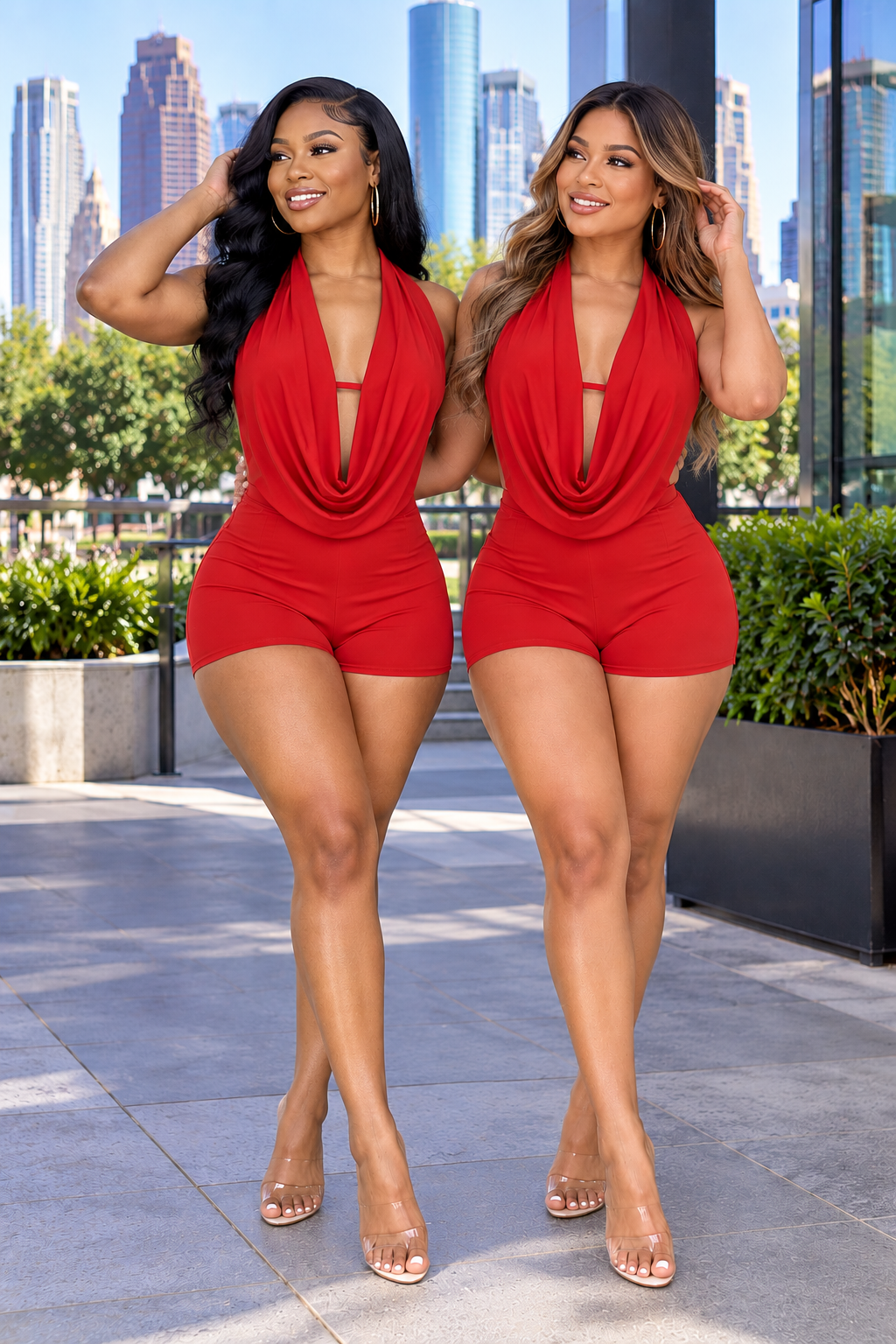 Red Cowl Neck Open Back Halter Romper