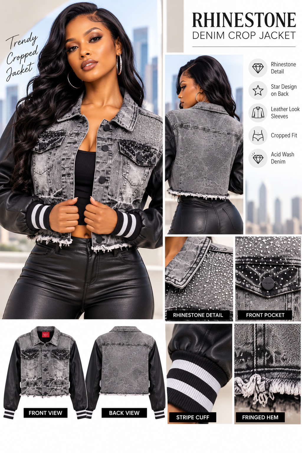 Gray Rhinestone Star Acid Wash Denim Crop Jacket with Faux Leather Sleeves