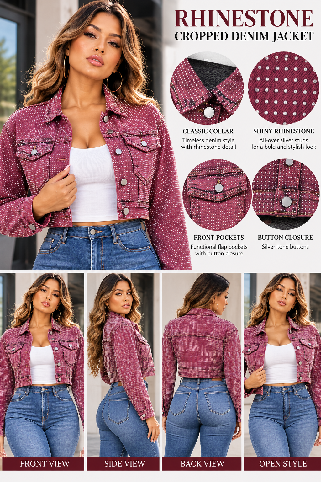 Burgundy Rhinestone Acid Wash Cropped Denim Jacket
