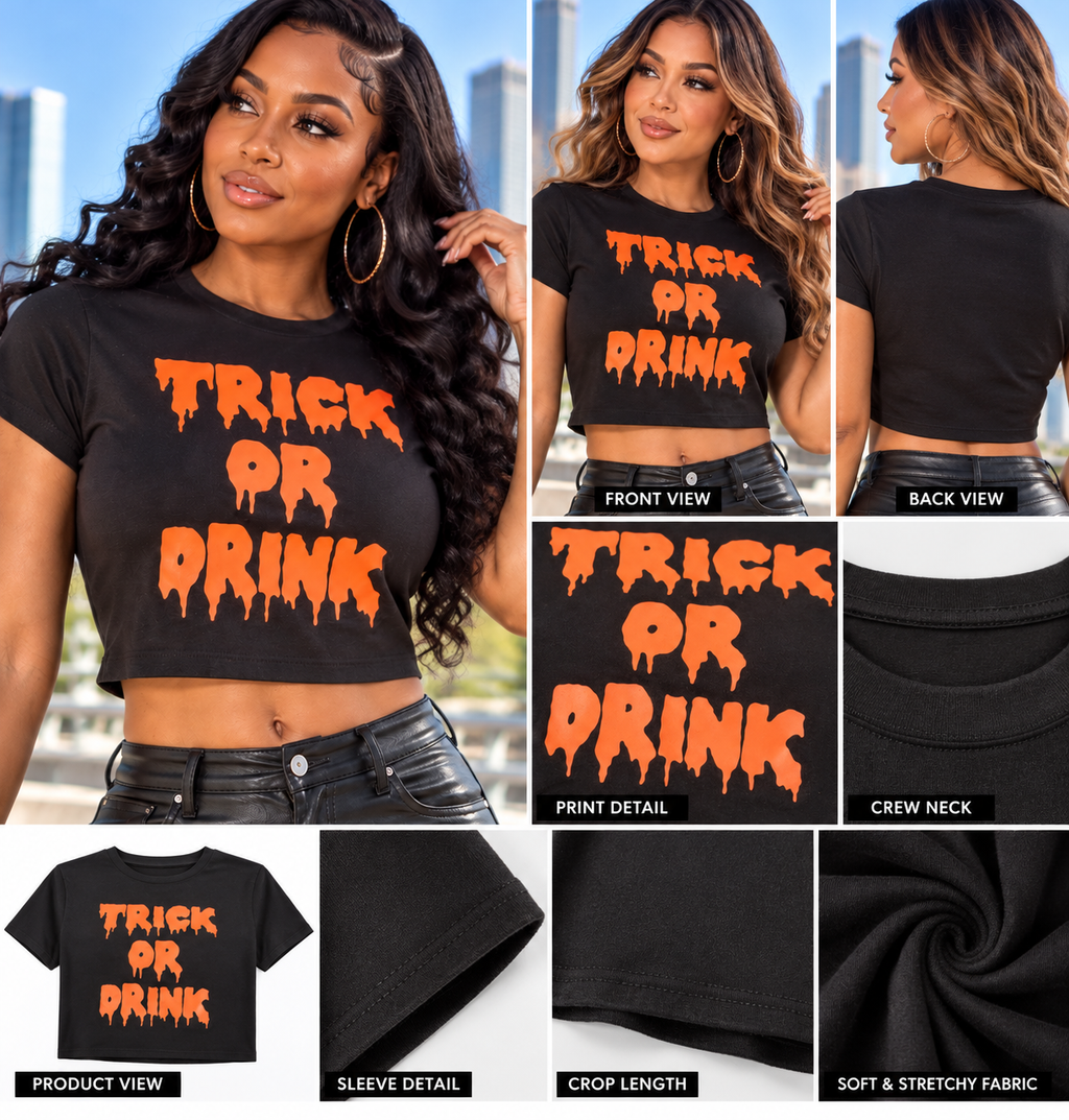 Women's Trick or Drink Halloween Graphic Crop Top – Black